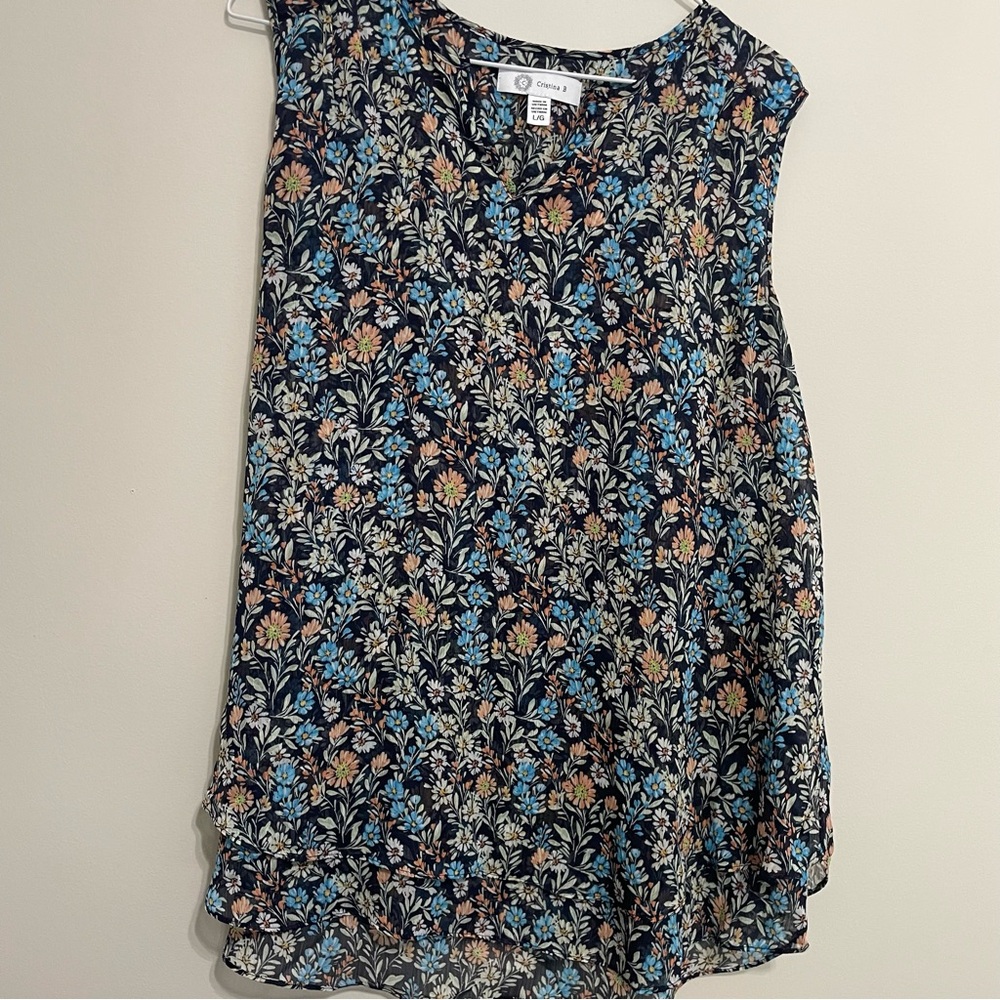 Cristina B Blue‎ and Cream Floral Sleeveless Blouse~Sz L ~ Office Wear